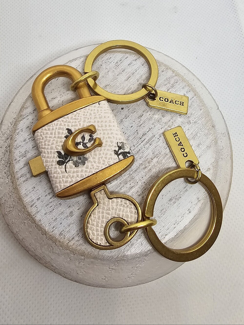Coach White Floral Padlock Key & Lock Bag/ Key Charm with Gold Hardware